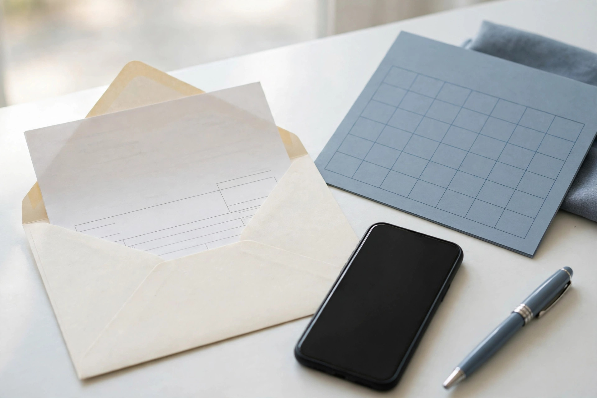An open envelope with an invoice and a phone showing a polite reminder message being drafted