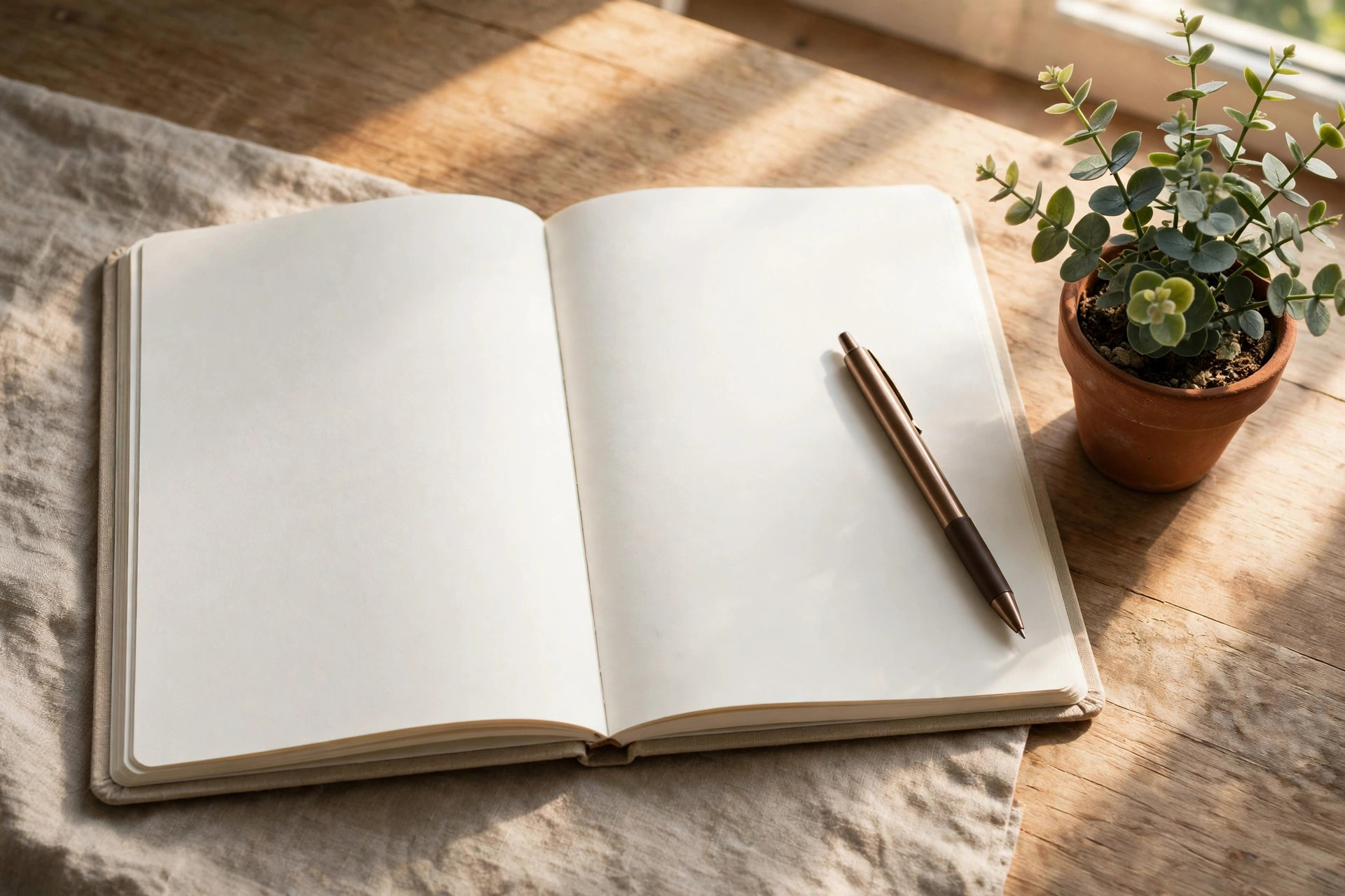 Open blank notebook with a pen resting on the page beside a small potted plant