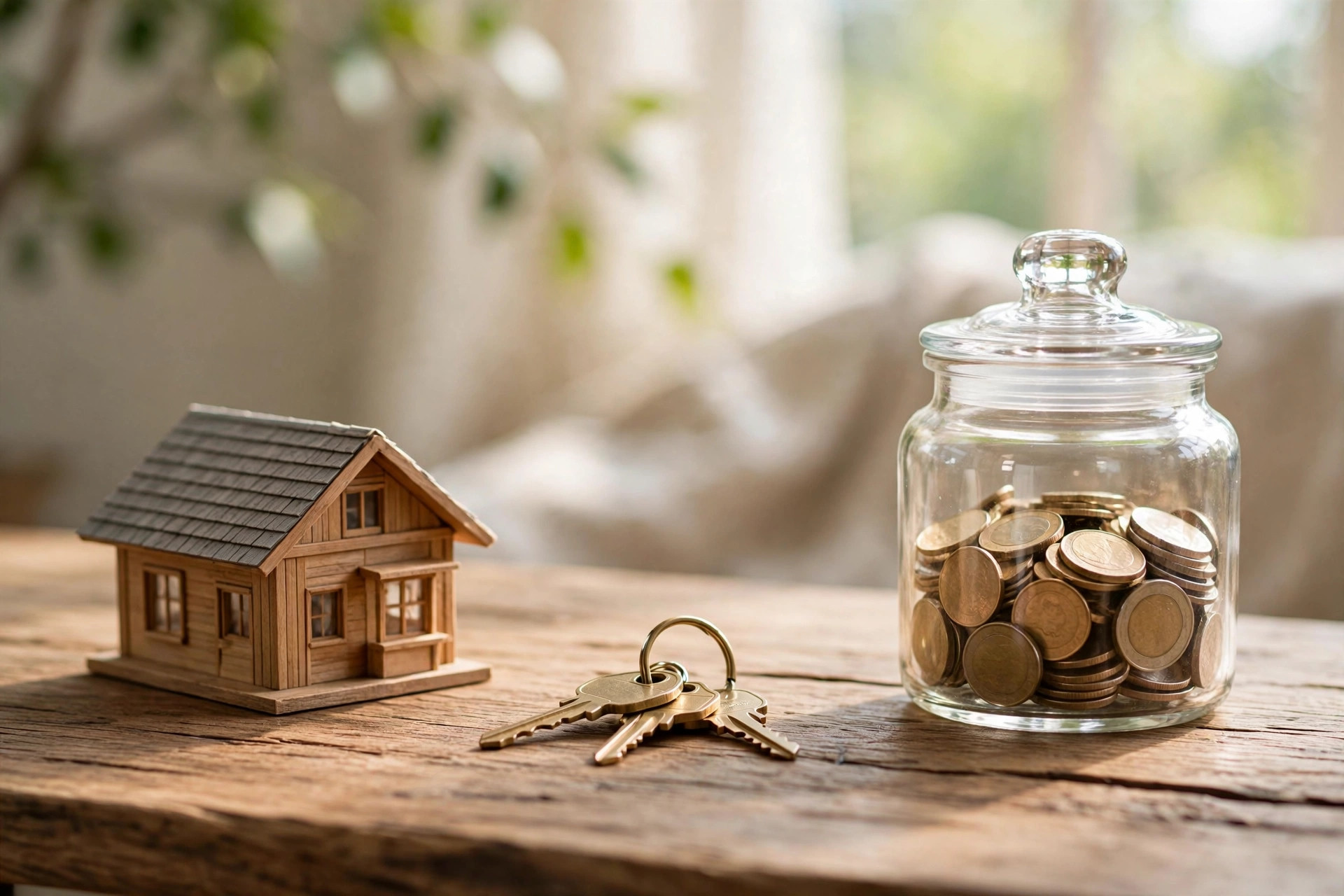 Small wooden model house, brass house keys, and a glass jar of coins on a wooden table
