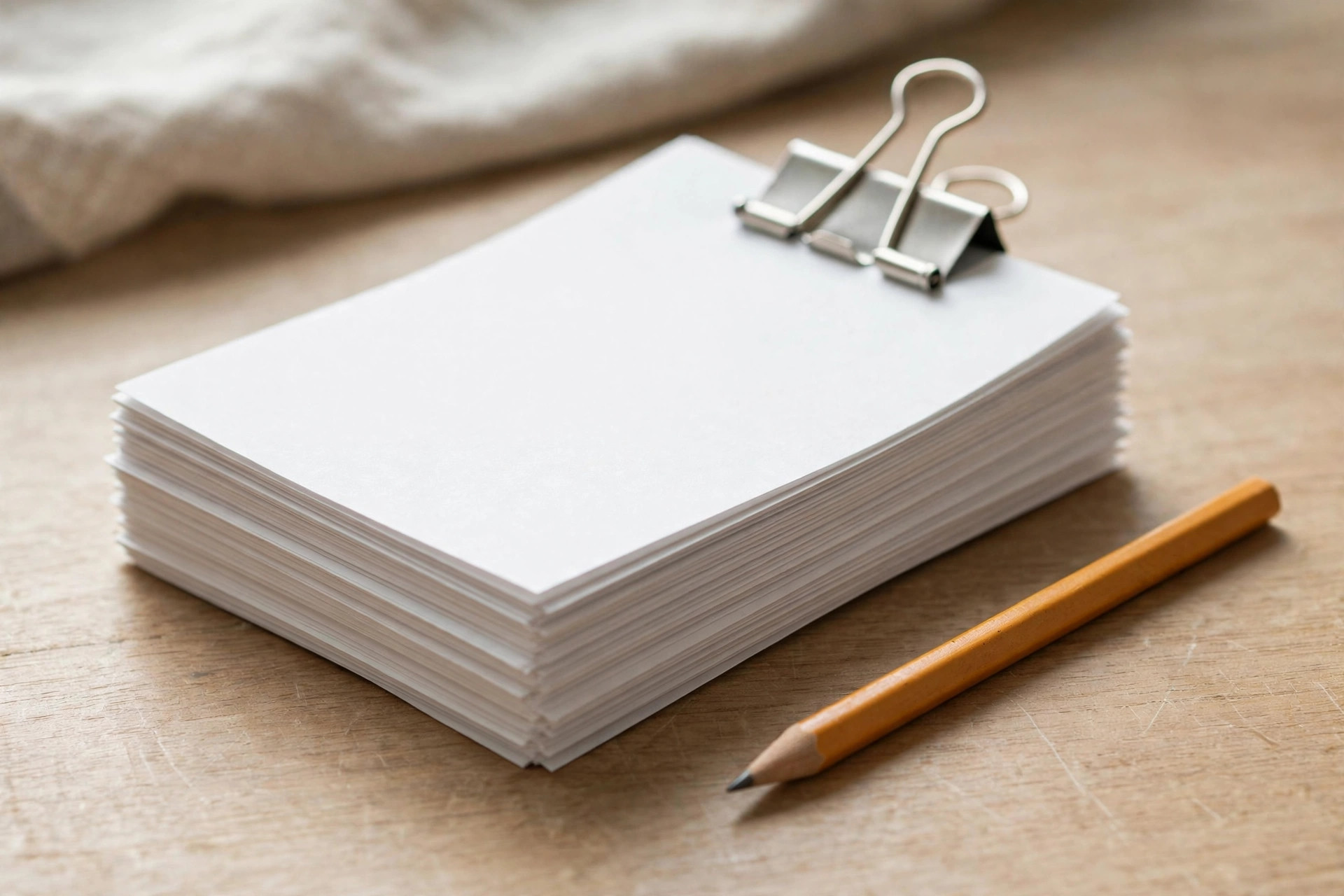 Stack of blank white papers held by a binder clip beside a pencil on a desk