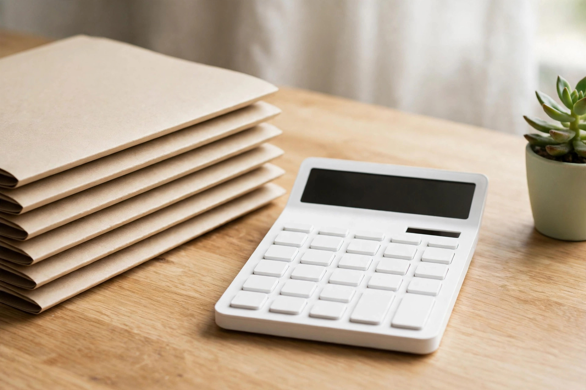 Stack of plain folders and a white calculator on a wooden desk beside a small succulent