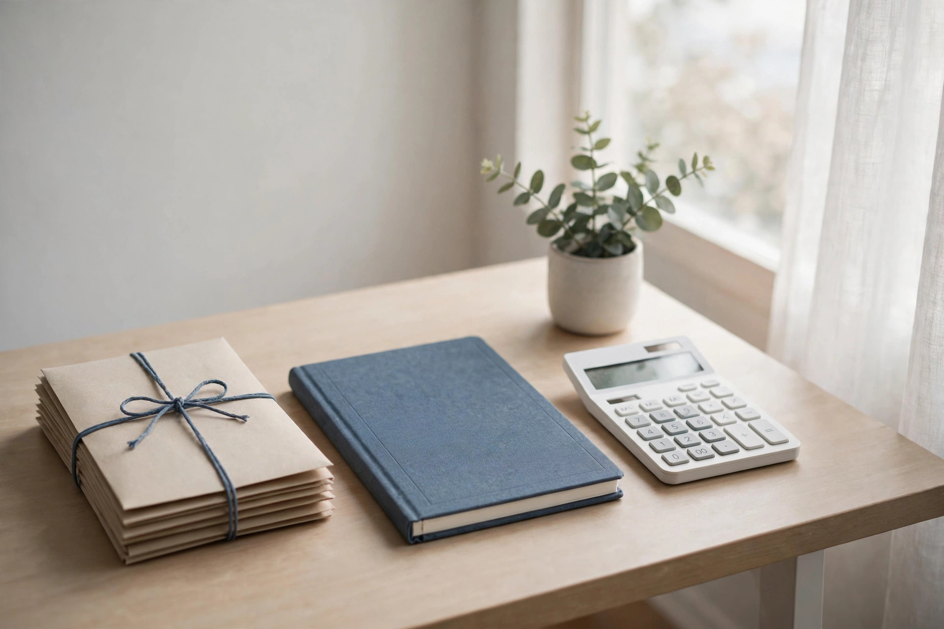 Clean editorial photo of a tidy small-business desk at year end: a notebook, organized receipt folders, and a calculator in soft daylight