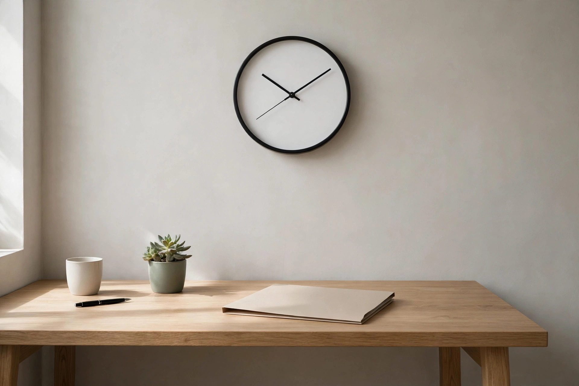 Numberless wall clock above a wooden desk with a closed folder, cup, and small succulent