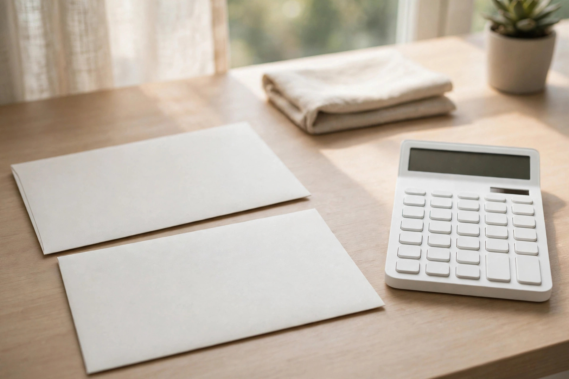 Two blank white envelopes and a white calculator on a light wooden desk