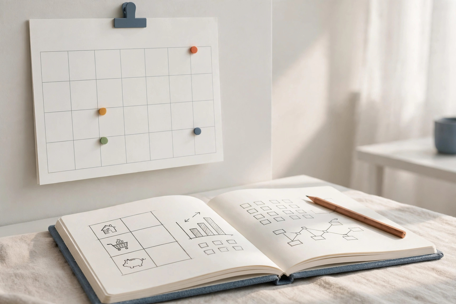 A wall calendar with quarterly money milestones marked and a notebook open to a simple budget page