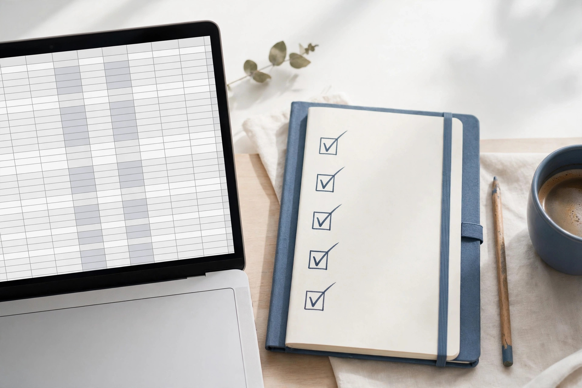 A laptop showing accounting software beside a notebook with a checklist, coffee nearby
