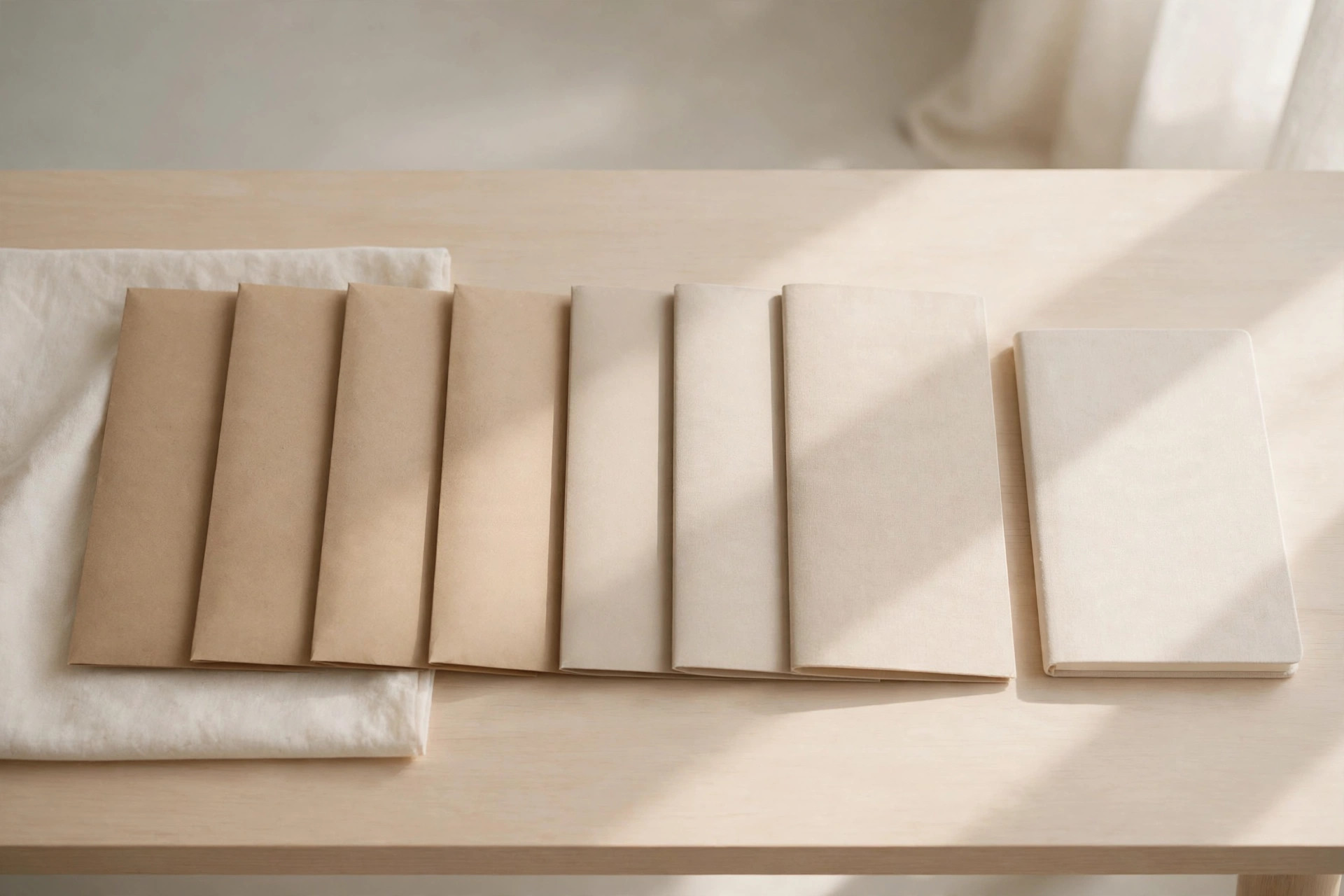 Blank envelopes and notebooks lined up in a row on a sunlit desk