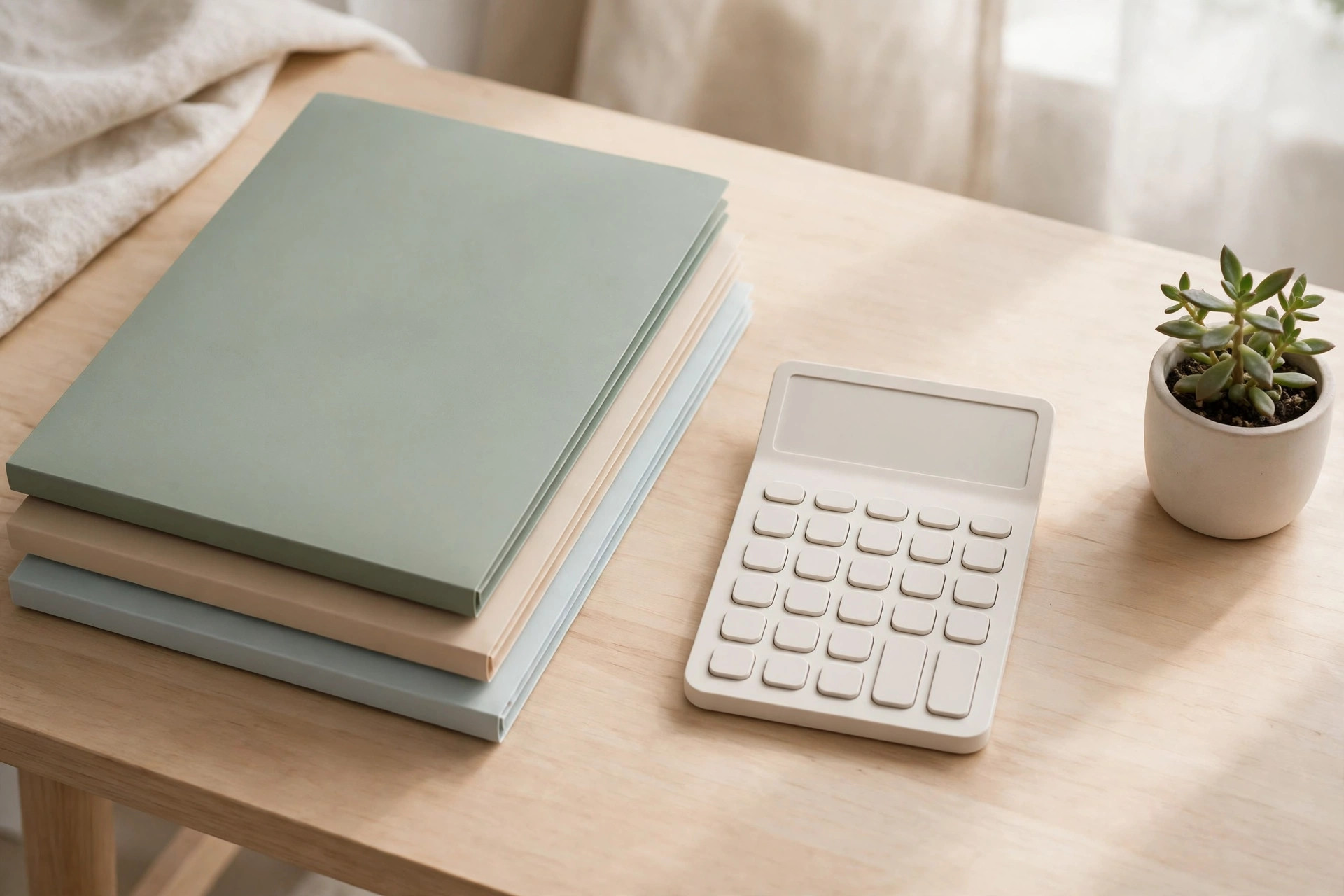 Stacked folders and a white calculator on a bright wooden desk beside a small plant