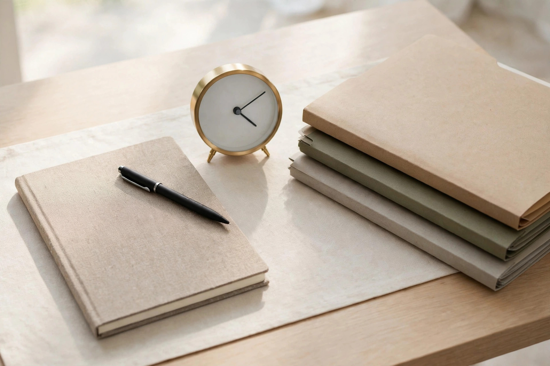 Small brass desk clock beside a notebook and stacked folders in daylight