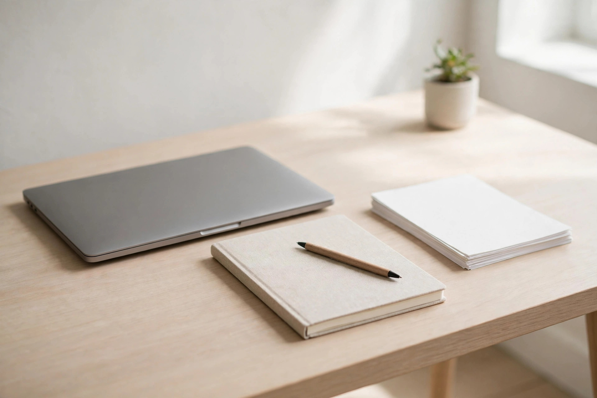 Closed laptop, notebook and pen on a bright desk ready for year-end review