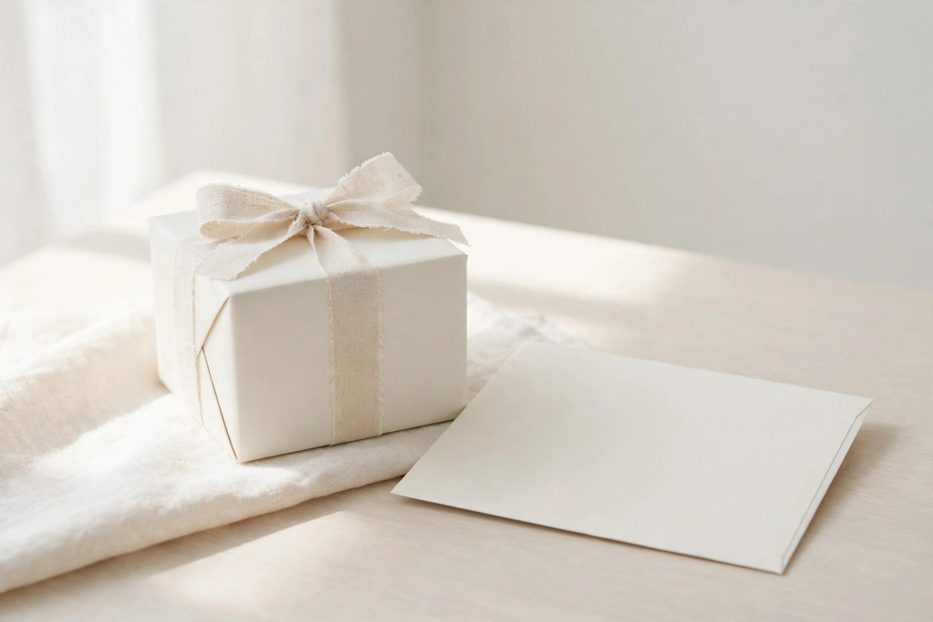White gift box with ribbon beside a blank envelope on a bright table