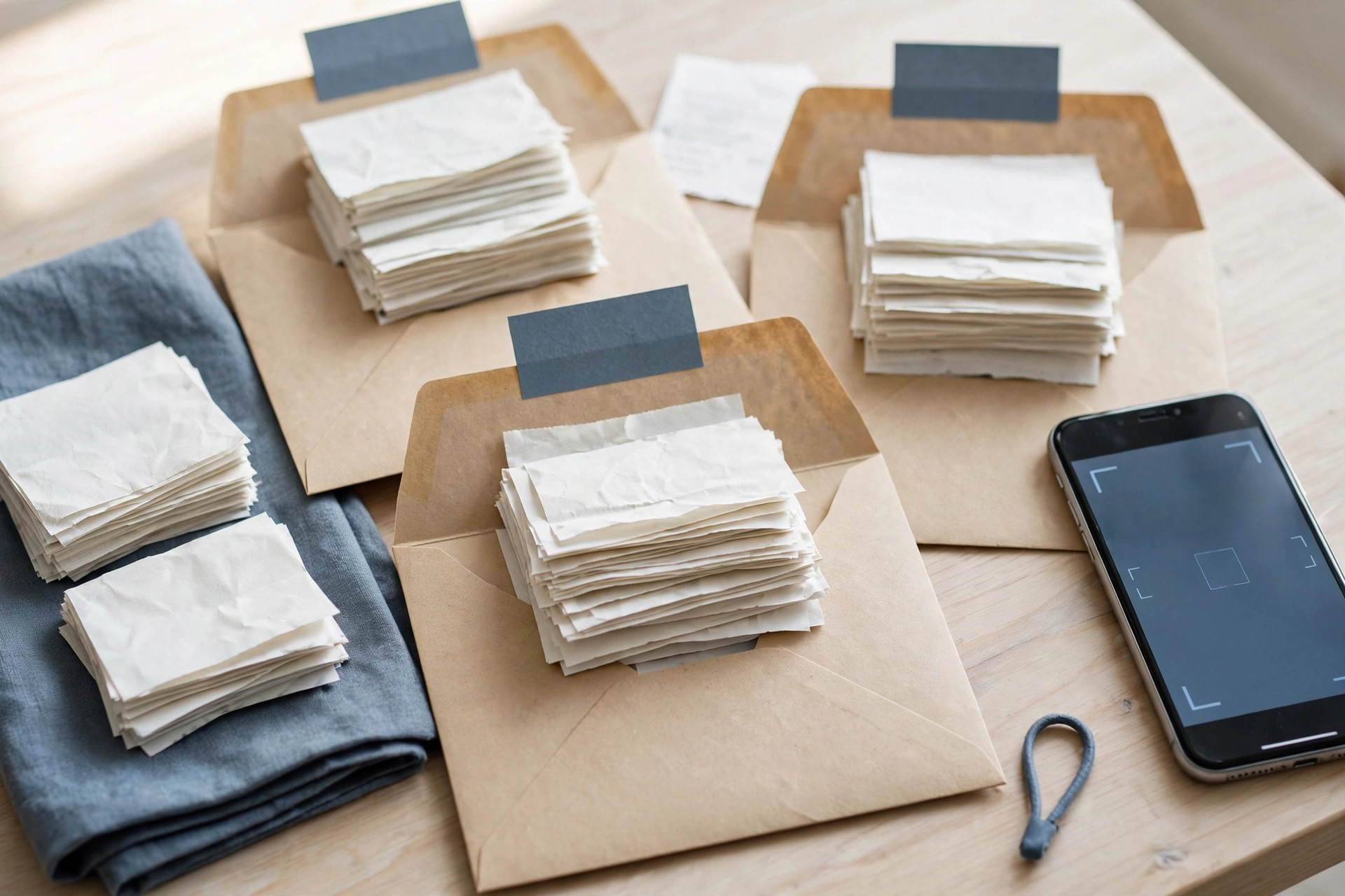 A neatly sorted stack of labeled receipt envelopes on a desk, ready for digitizing